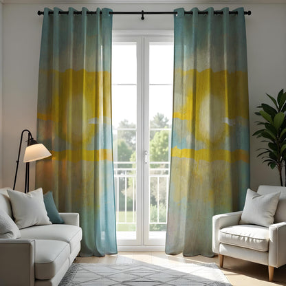 Yellow Blue Watercolor Landscape Curtains, Boho Drapes
