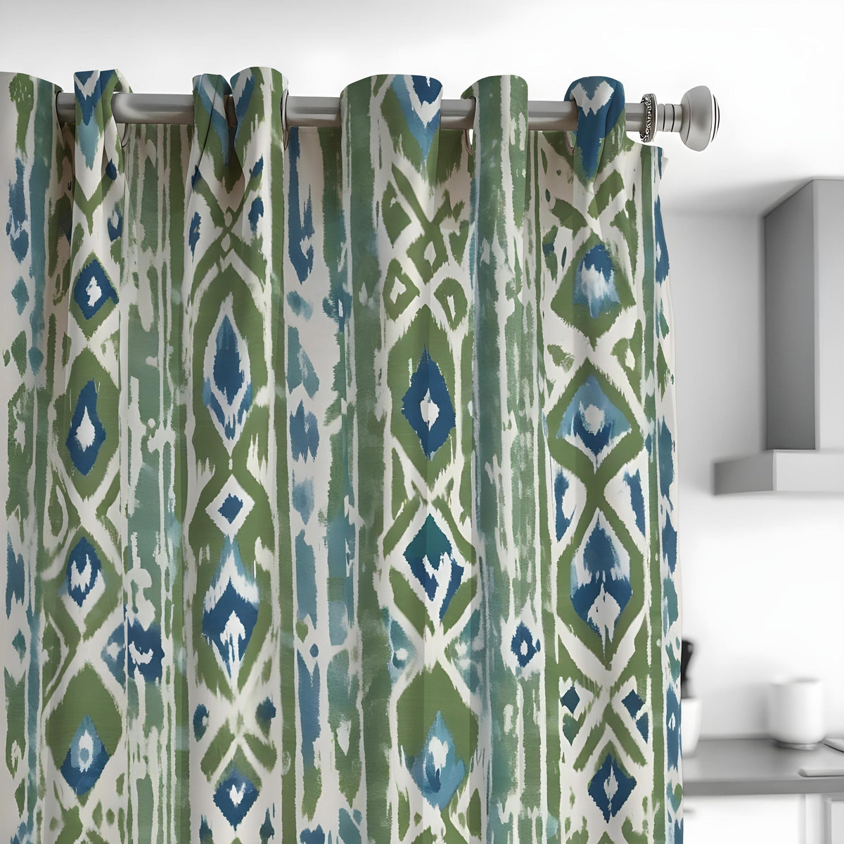 Green Blue Boho Ikat Curtains, Vertical Geometric Drapes