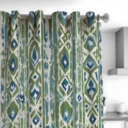 Green Blue Boho Ikat Curtains, Vertical Geometric Drapes