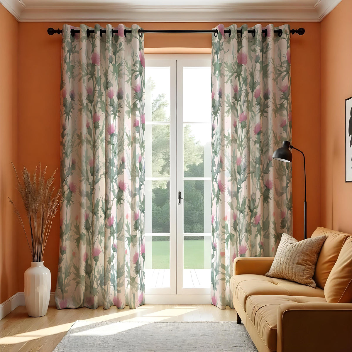 Green Botanical Curtains, Pink Flower Print Window Drapes