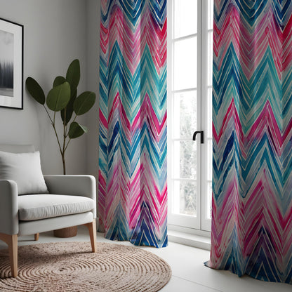 Pink Blue Teal Chevron Curtains, Watercolor Pattern Drapes