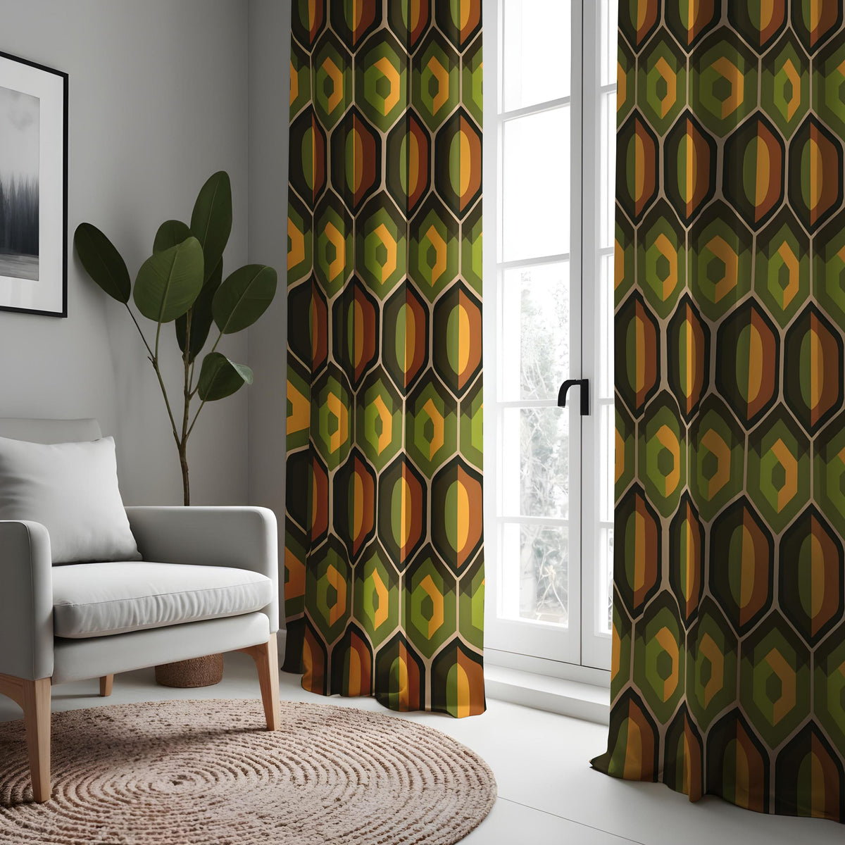 Retro Geometric Curtains, Olive Green & Orange Drapes