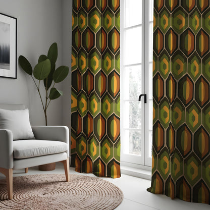 Retro Geometric Curtains, Olive Green & Orange Drapes