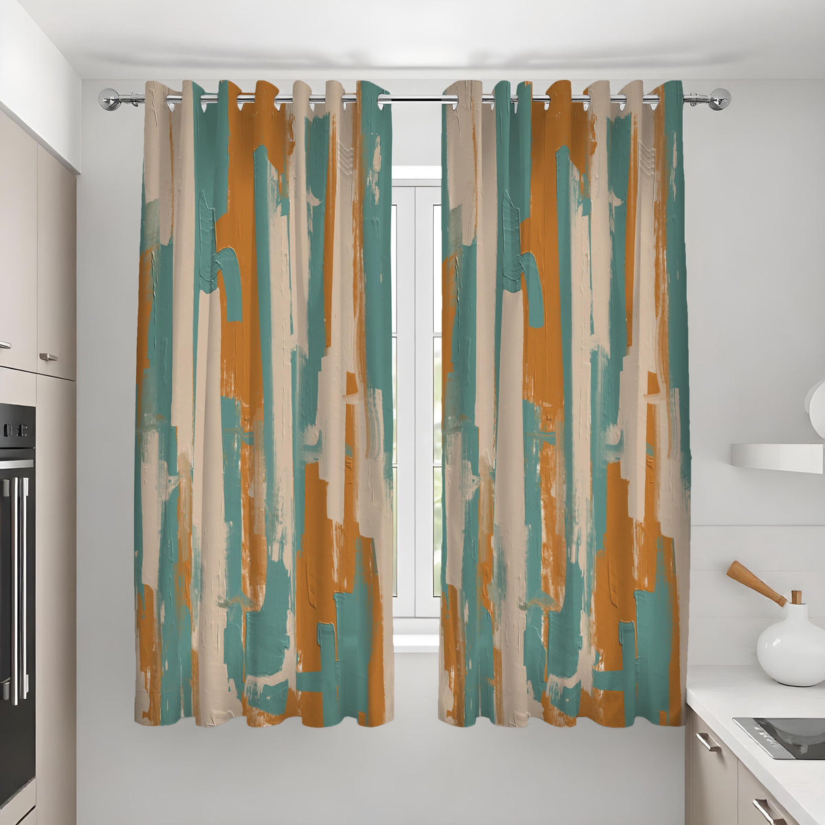 Teal and Rust Brushstroke Curtains, Abstract Art Drapes