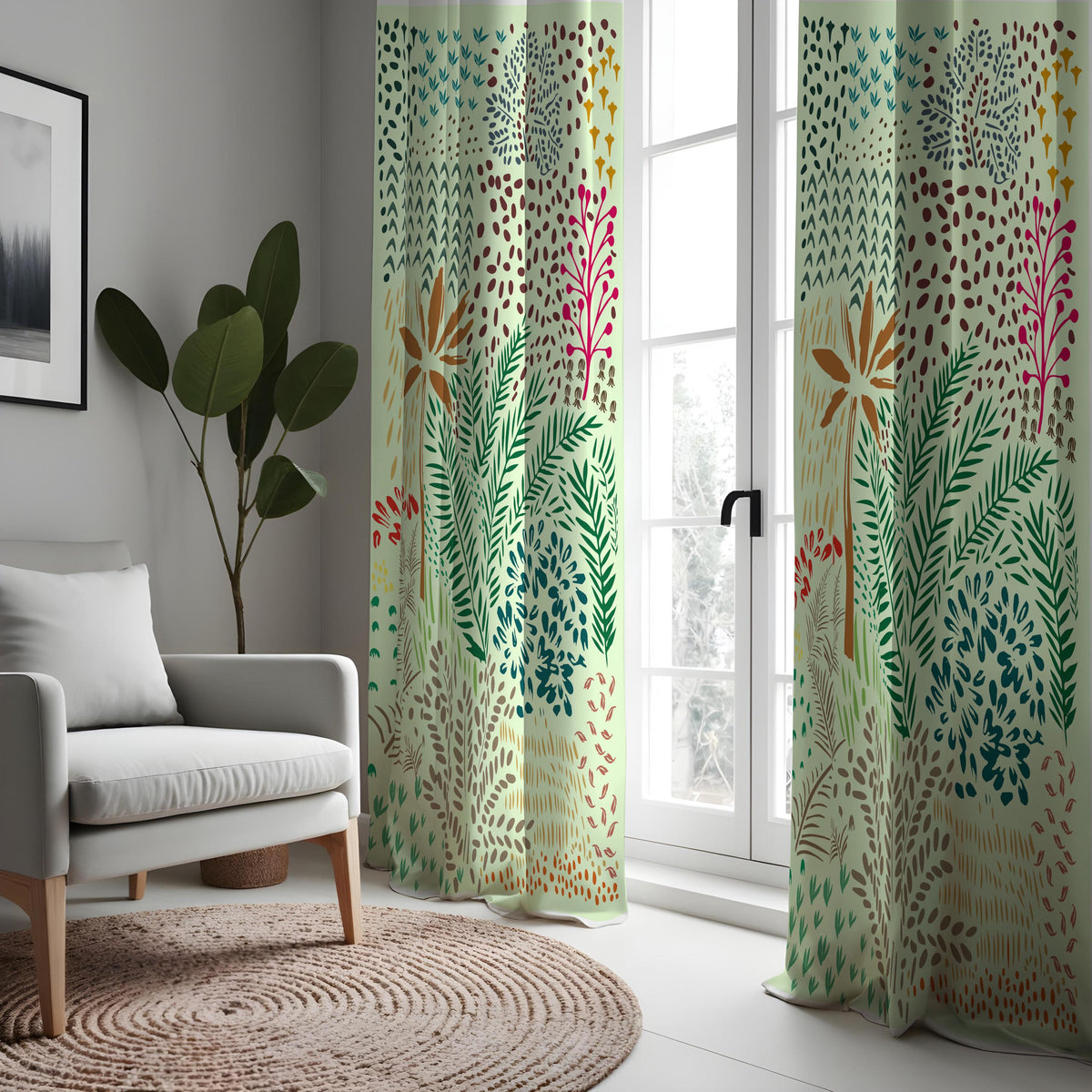 Green Tropical Palm Curtains, Botanical Leaf Print Drapes