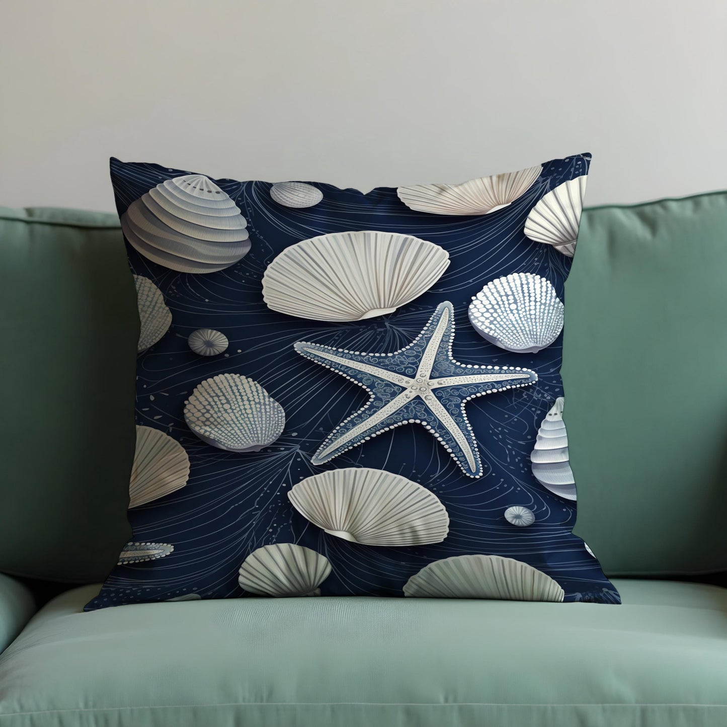 Nautical Seashell Starfish Cushion Cover, Coastal Beach Decor Pillow Case