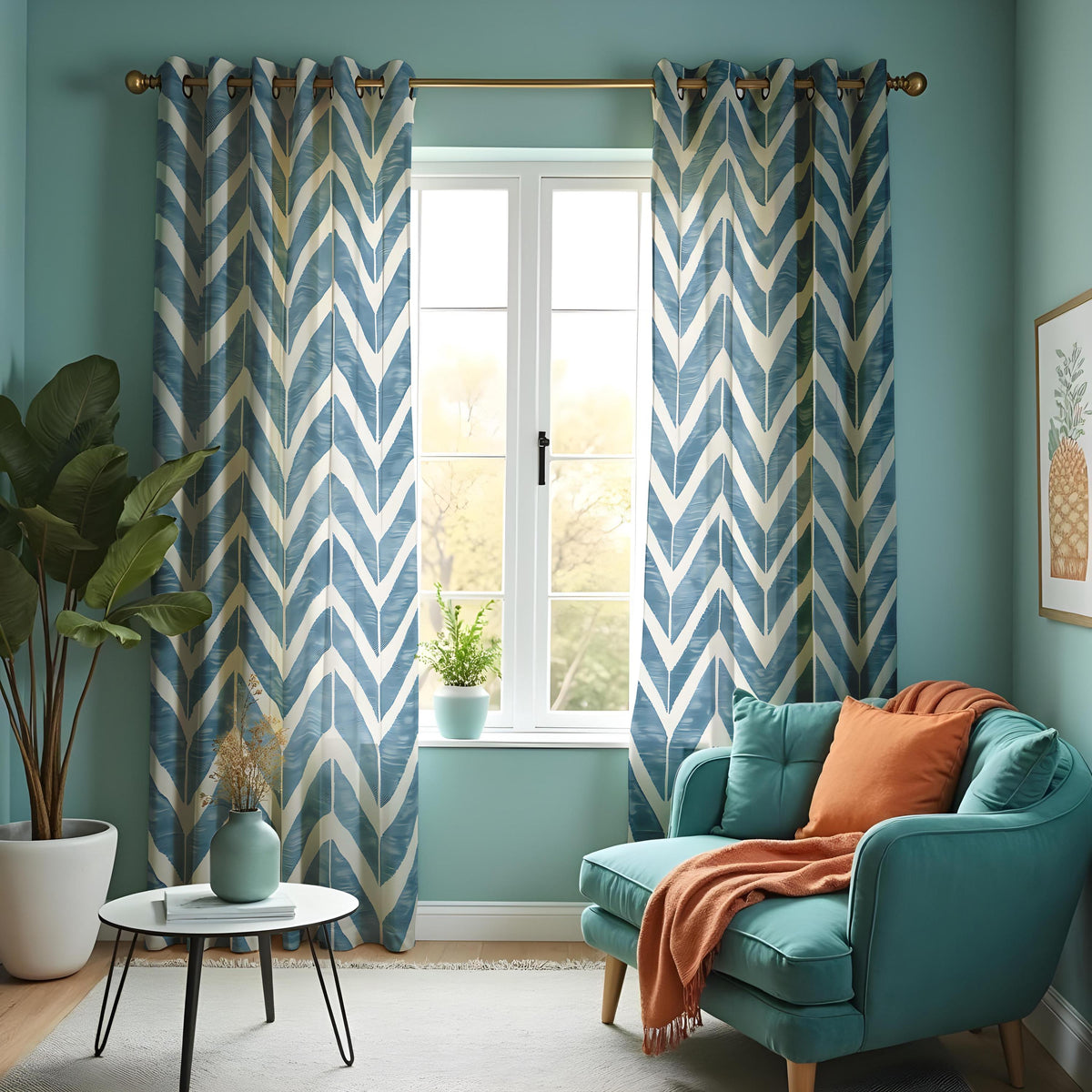 Blue Chevron Kitchen Curtains, Aqua Leaf Cafe Drapes