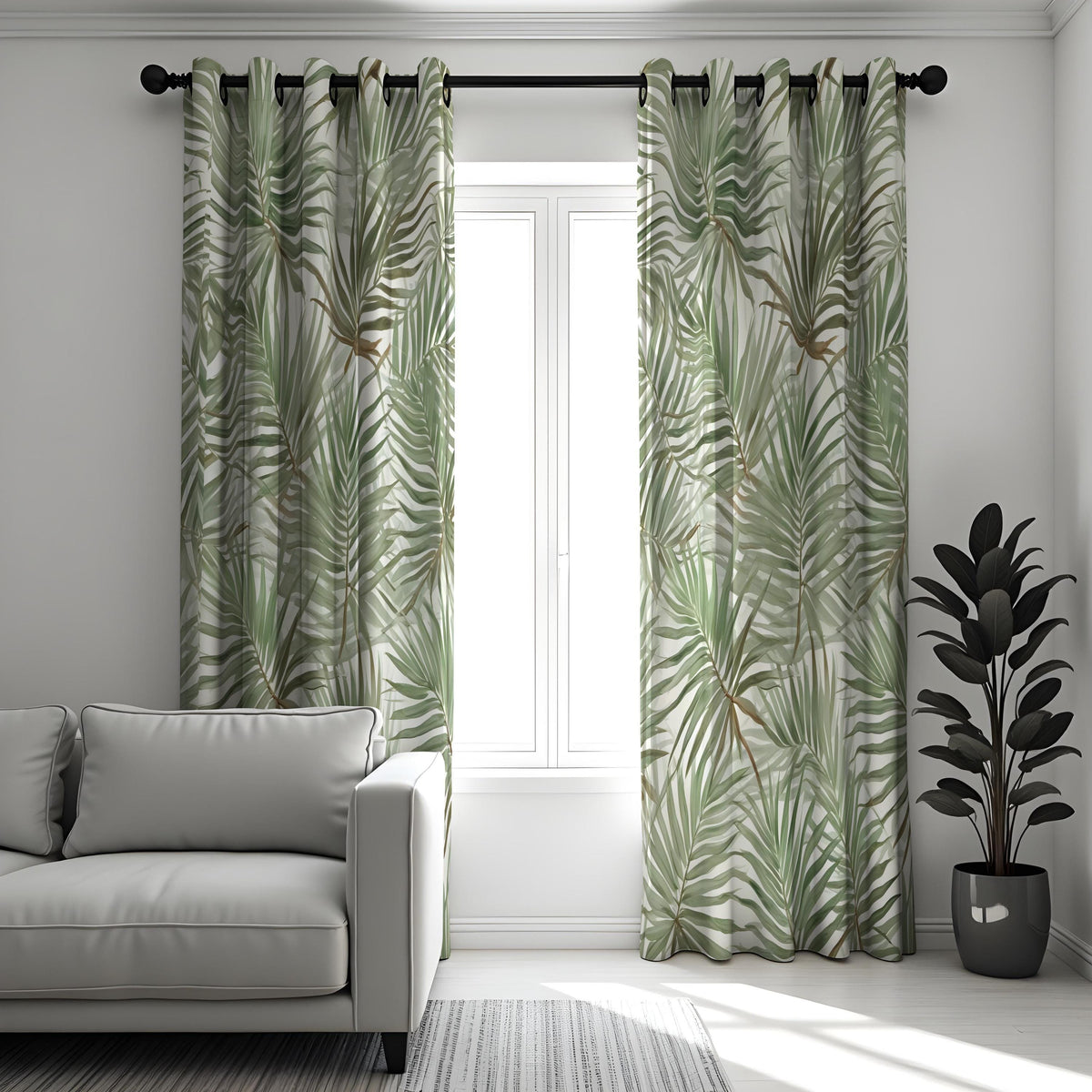 Green Palm Leaf Curtains, Tropical Botanical Window Drapes
