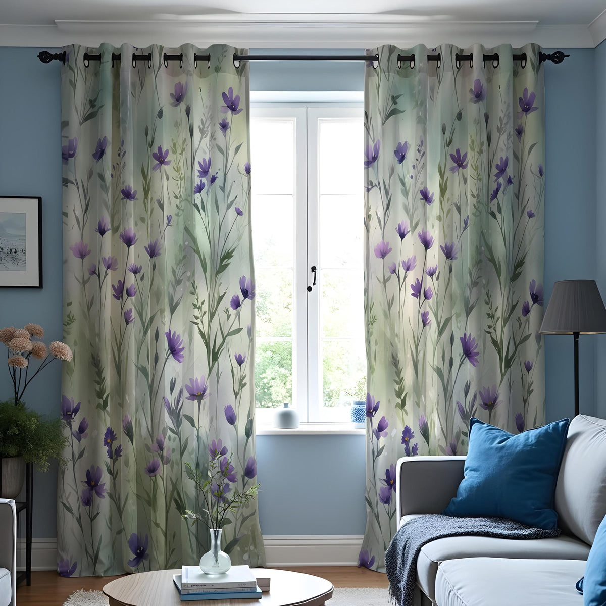Green Leaf Curtains, Purple Bloom Botanical Print Drapes