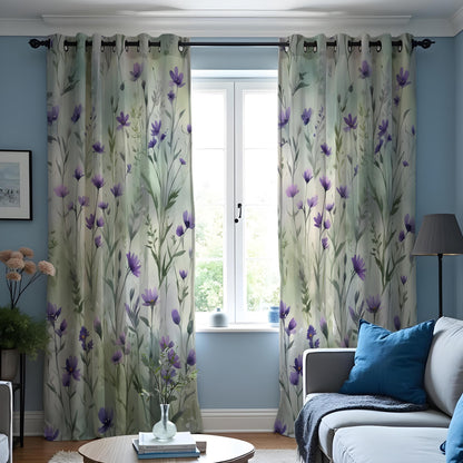 Green Leaf Curtains, Purple Bloom Botanical Print Drapes