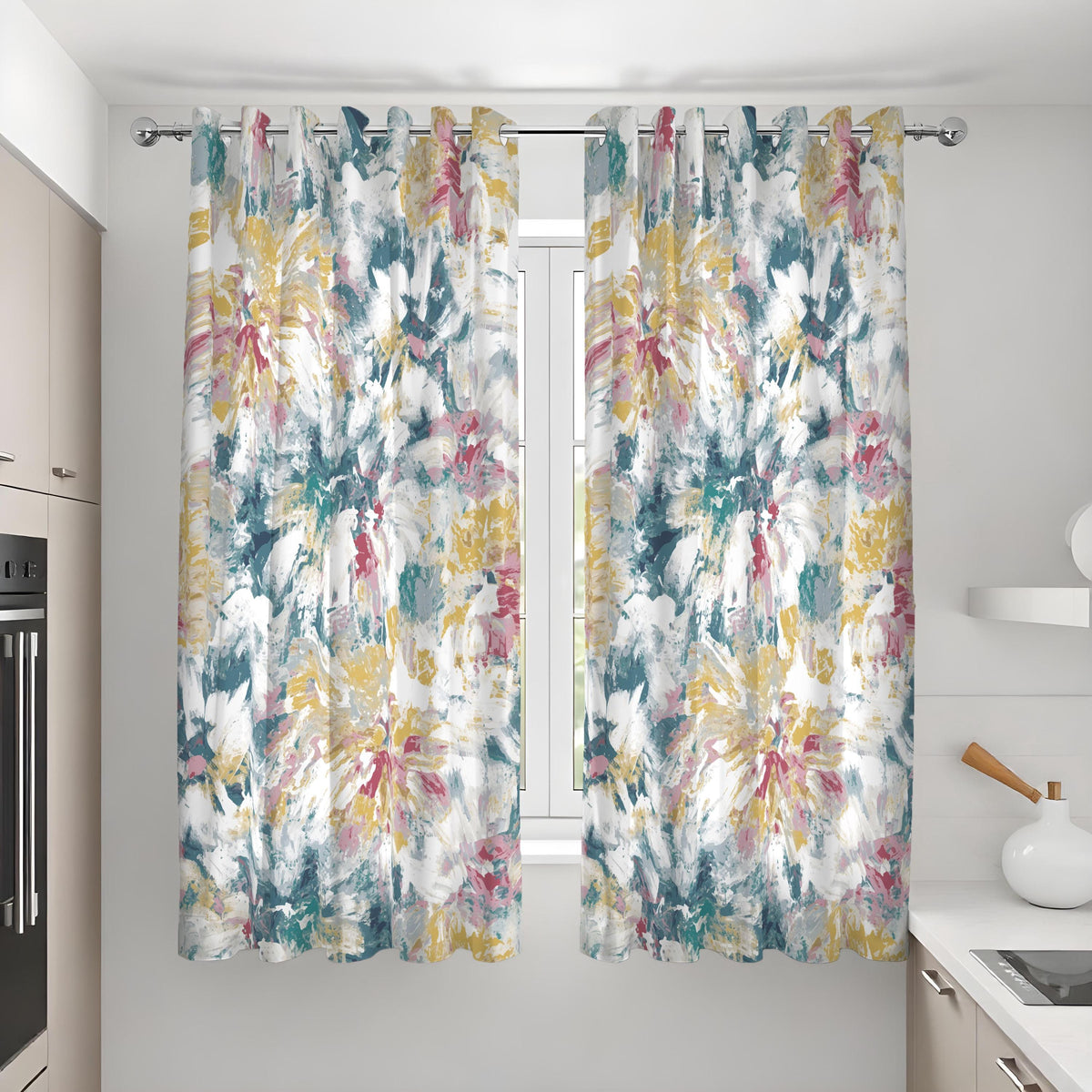 Blue Pink Yellow Watercolor Floral Curtains, Abstract Drapes