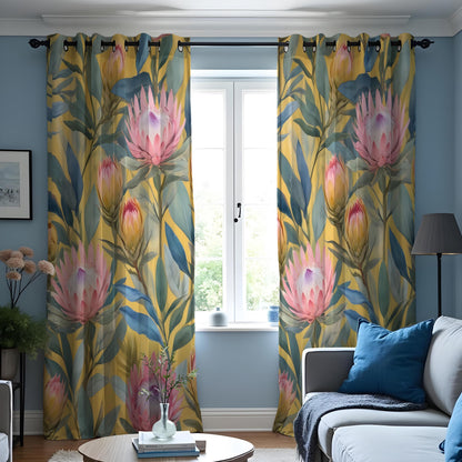 Pink Protea Tropical Curtains, Green Leaf Floral Drapes