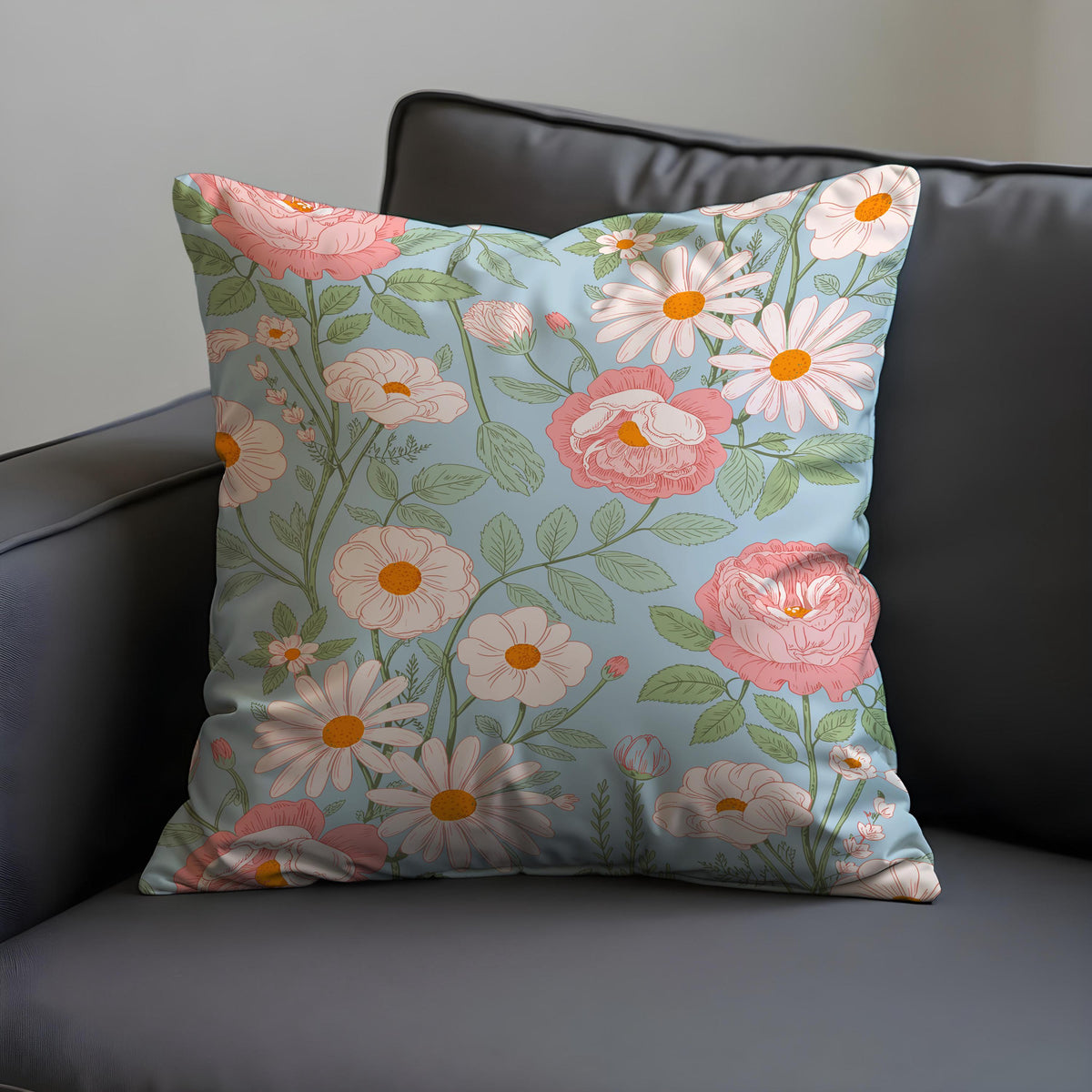 Blue Daisy Rose Cushion Cover, Floral Pillow Case