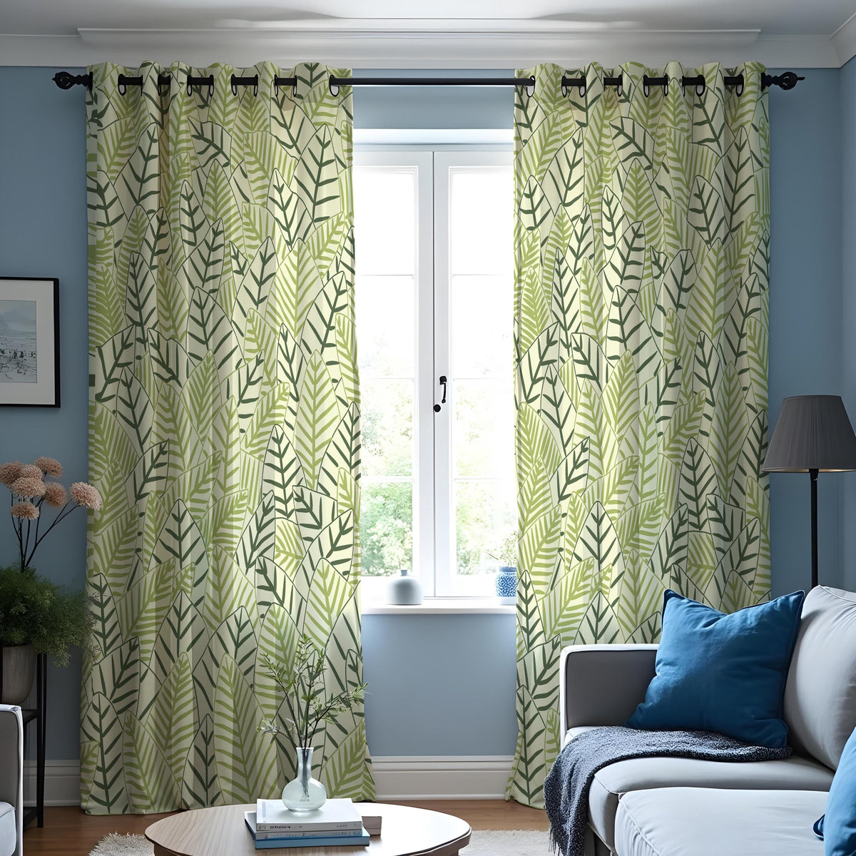 Green Leaf Print Curtains, Tropical Jungle Botanical Drapes
