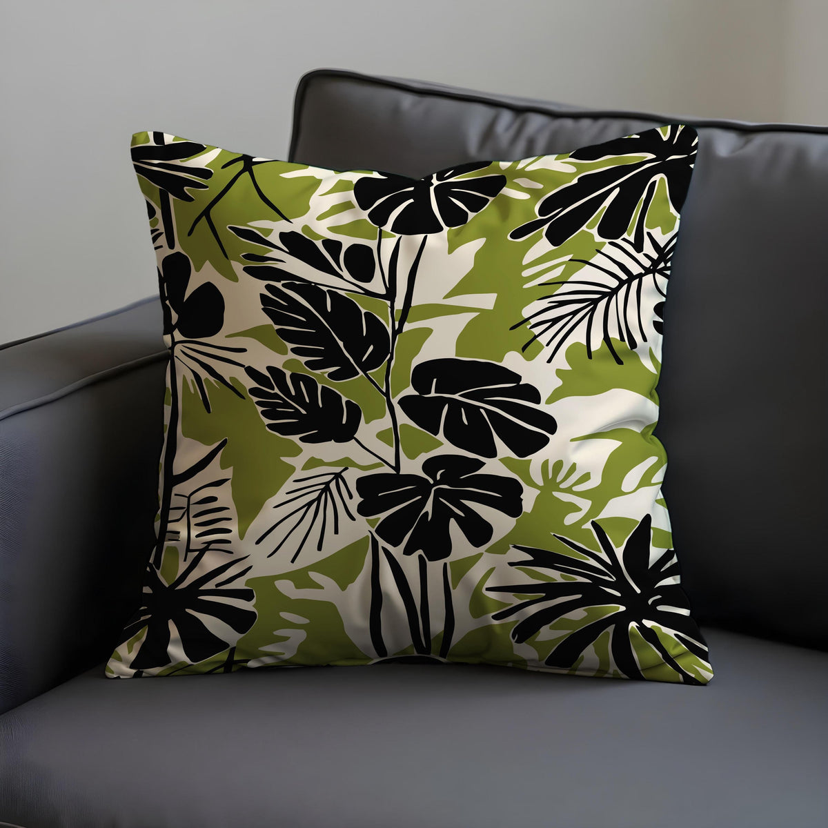 Black Green Leaf Cushion Cover, Tropical Pillow Case