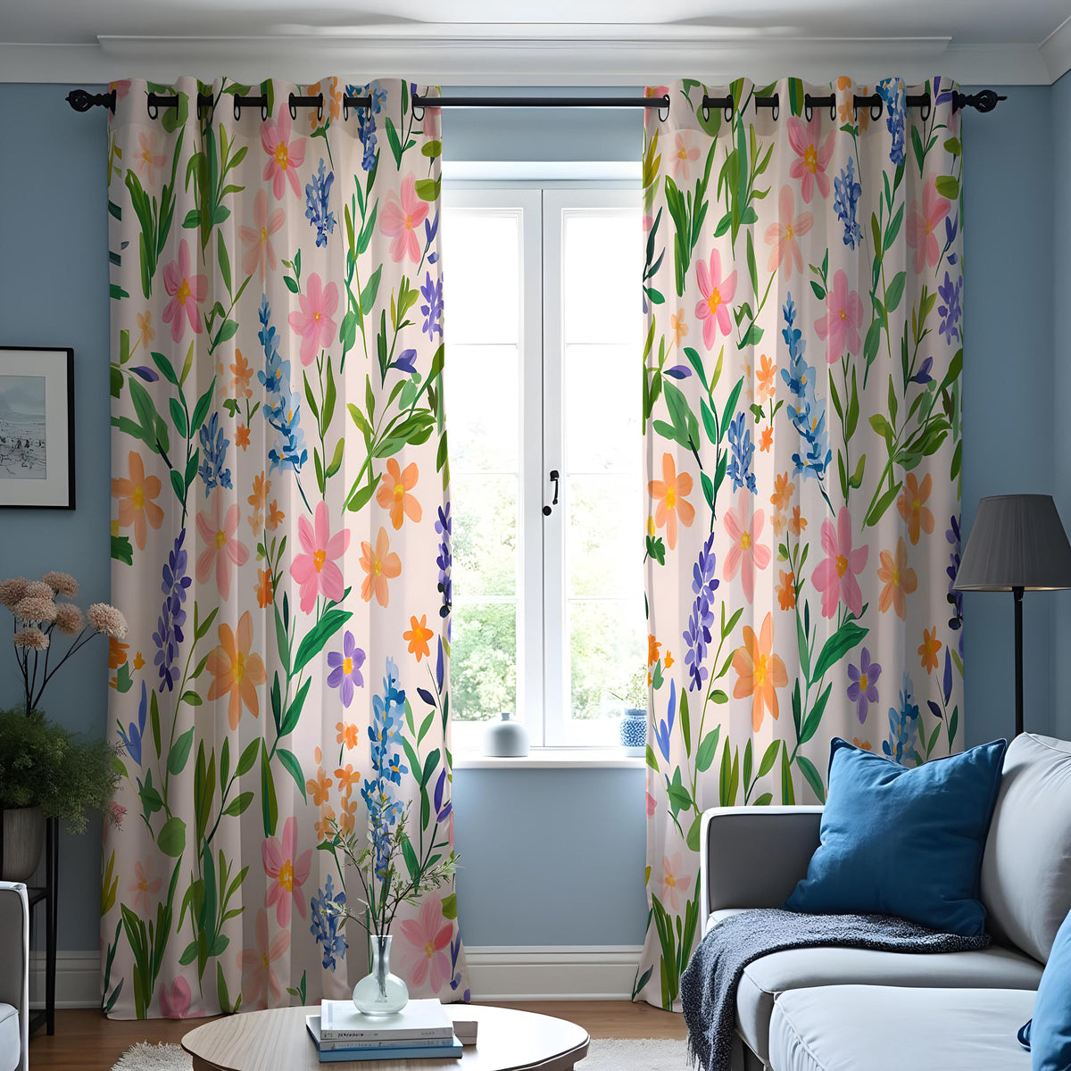 Pink & Blue Wildflower Curtains, Watercolor Botanical Drapes
