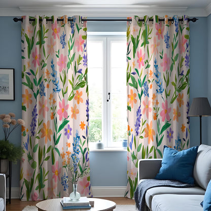 Pink & Blue Wildflower Curtains, Watercolor Botanical Drapes