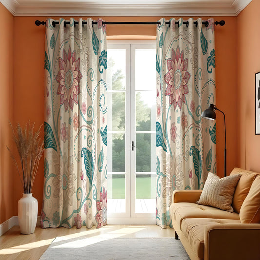 Teal & Pink Mandala Floral Curtains, Boho Window Drapes