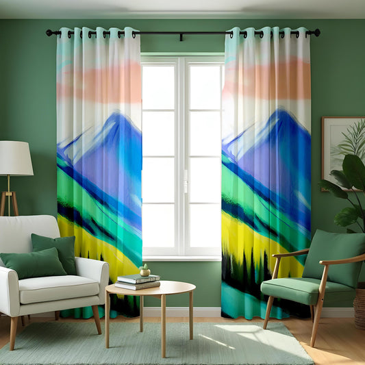 Watercolor Mountain Landscape Curtains, Nature Scene Drapes