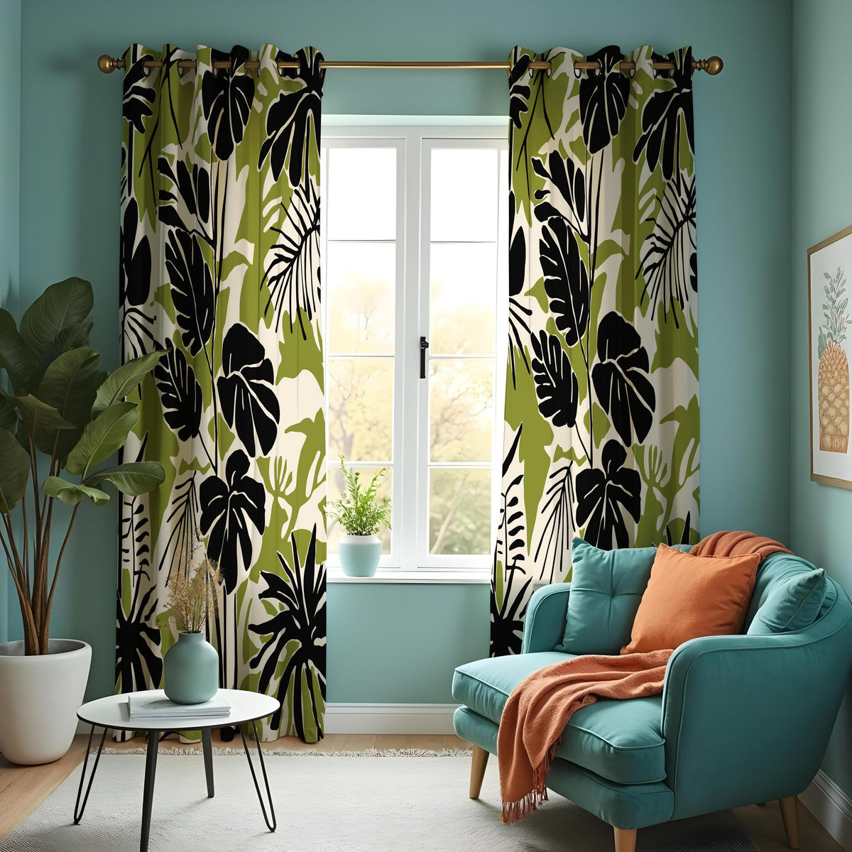 Green & Black Monstera Curtains, Tropical Leaf Print Drapes