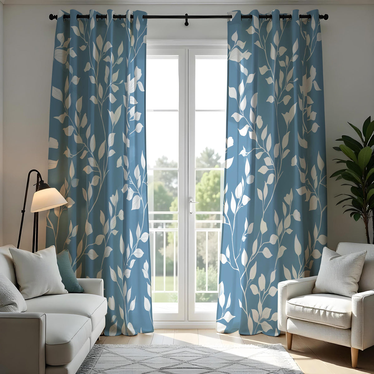 Blue Botanical Leaf Curtains, White Leaves Print Drapes