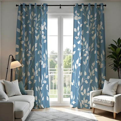 Blue Botanical Leaf Curtains, White Leaves Print Drapes