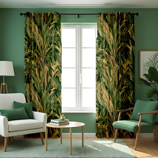 Green Banana Leaf Curtains, Tropical Rainforest Eyelet Drapes