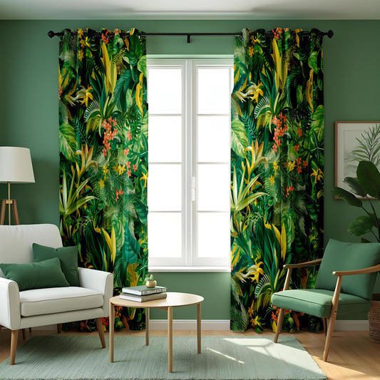 Tropical Jungle Curtains, Exotic Leaf & Flower Print Drapes