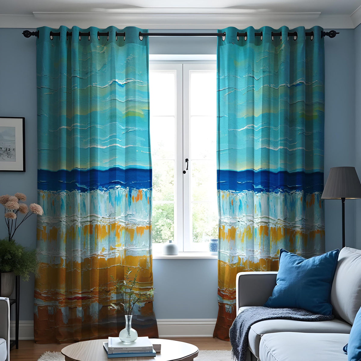 Ocean Sunset Beach Curtains, Coastal Nautical Window Drapes