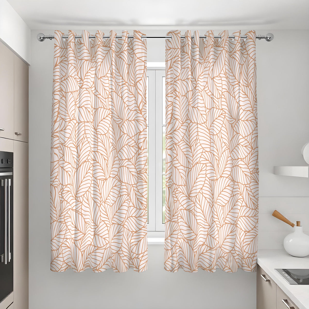 Beige Minimalist Botanical Curtains, Line Leaf Drapes