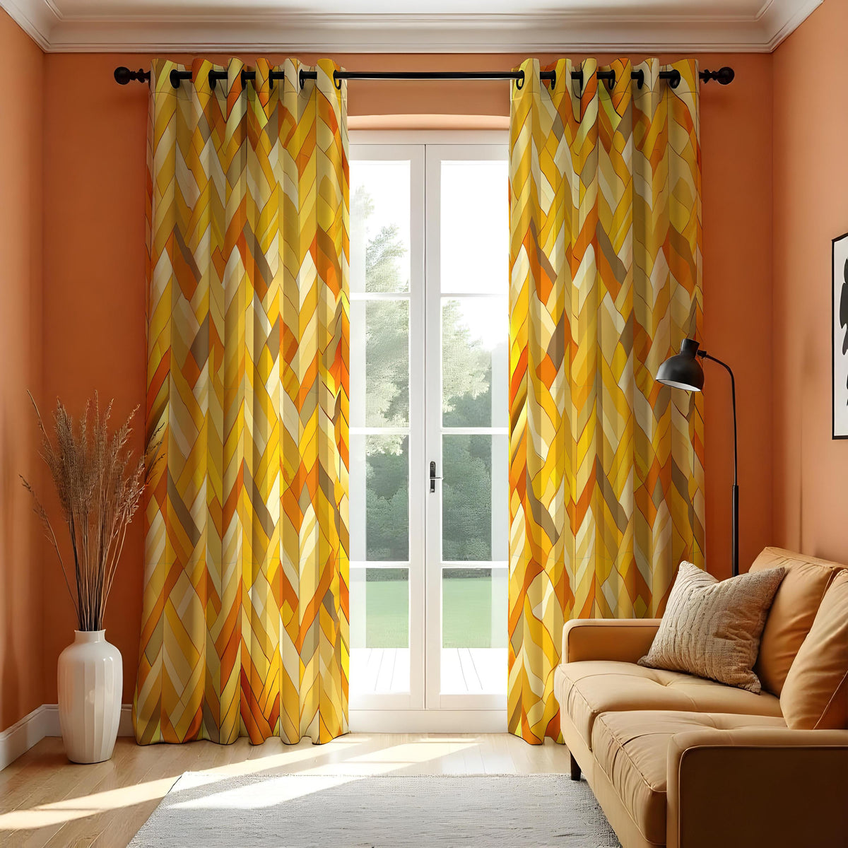 Yellow Orange Chevron Curtains, Retro Geometric Drapes