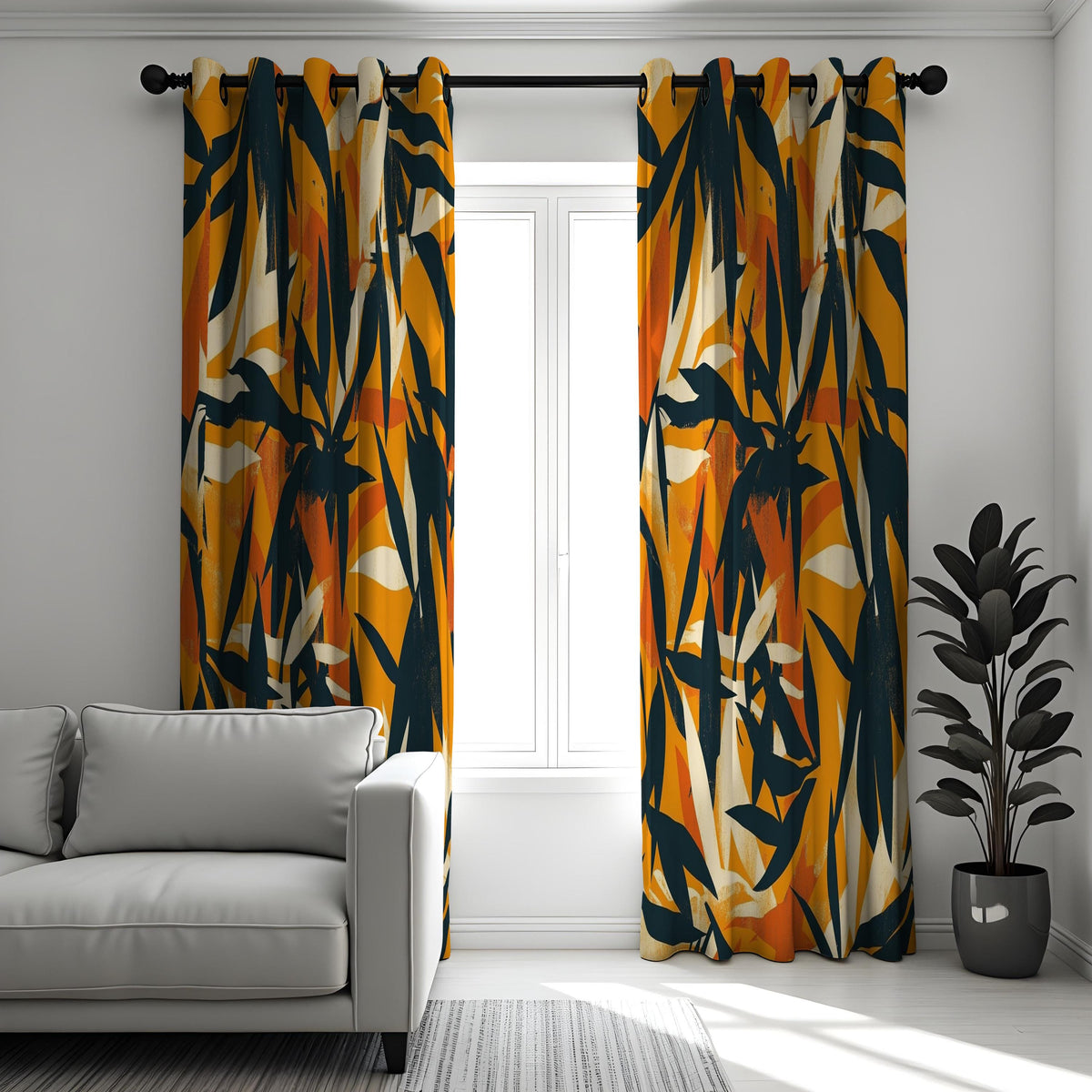 Orange Abstract Brushstroke Curtains, Artistic Leaf Drapes