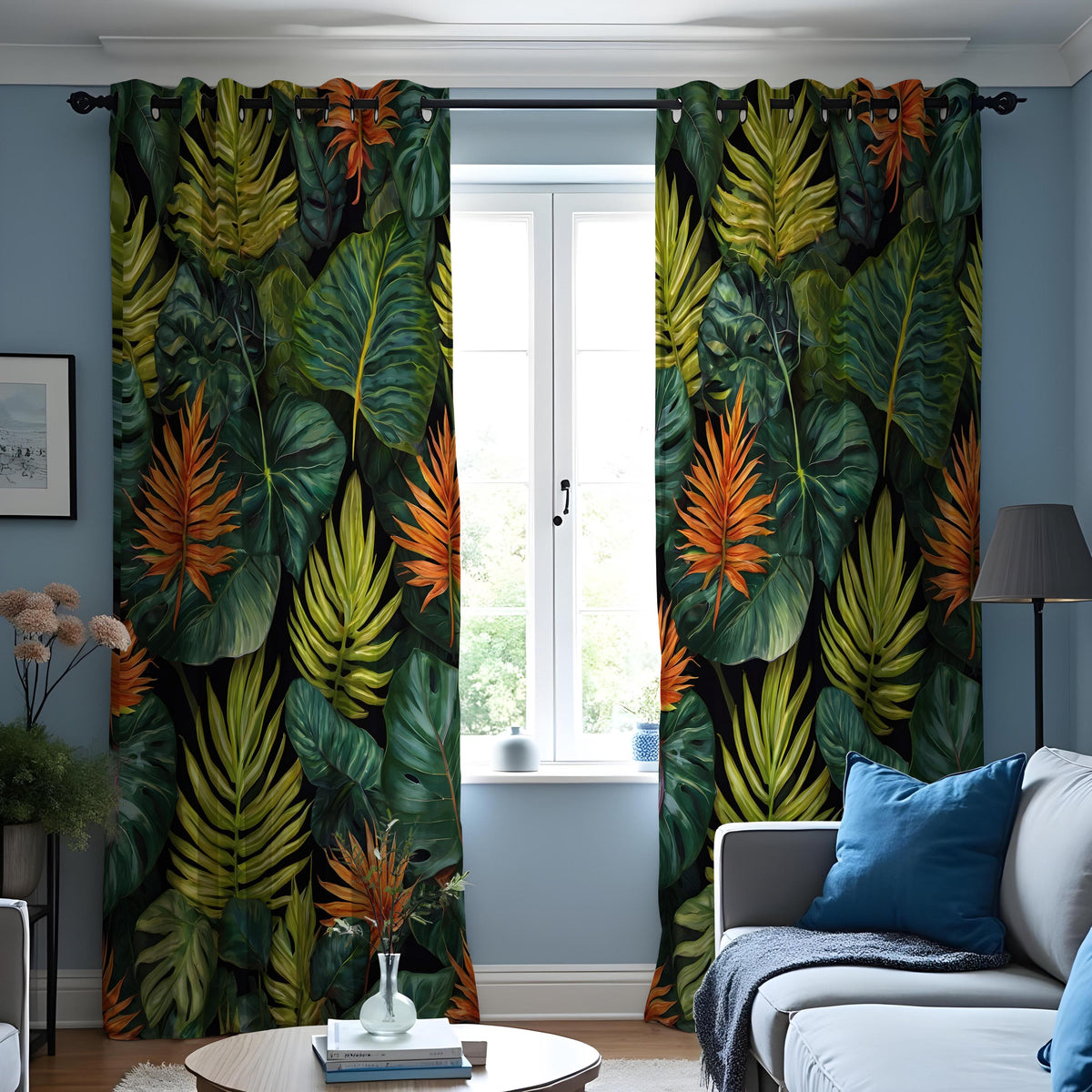 Deep Green & Orange Rainforest Curtains, Tropical Drapes