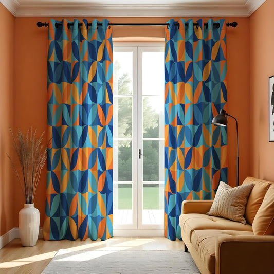 Blue and Orange Geometric Curtains, Retro Mid Century Drapes