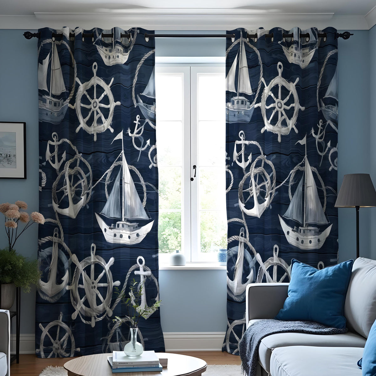 Navy Nautical Sailboat Curtains, Beach House Window Drapes