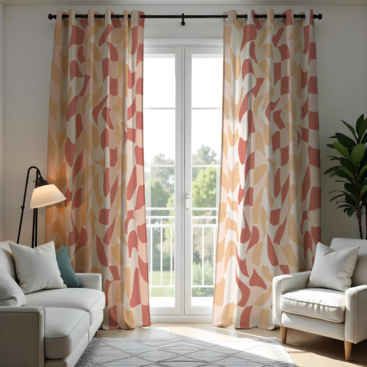 Retro Wavy Geometric Curtains, Mid Century Abstract Drapes