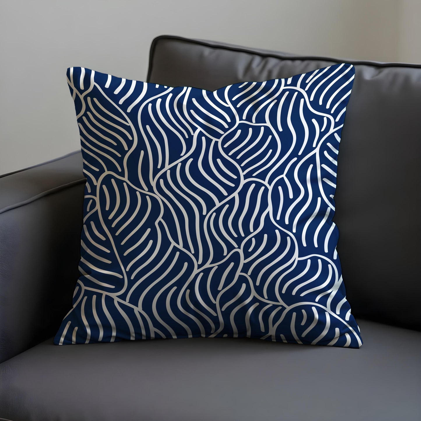 Navy Blue and White Cushion Cover, Abstract Wave Pattern Pillow Case