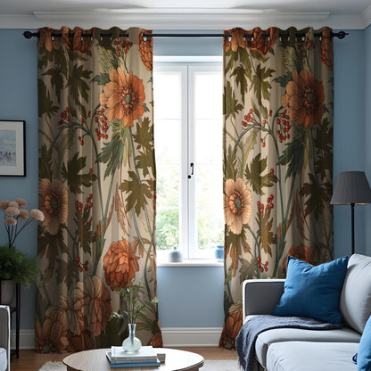 Autumn Orange Floral Curtains, Vintage Botanical Drapes