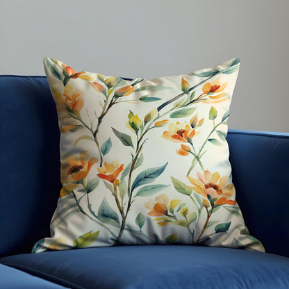 Spring Floral Cushion Cover, Orange & Yellow Watercolor Flowers Pillow Case