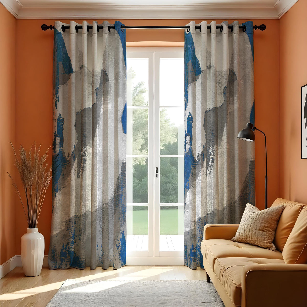 Grey and Blue Brushstroke Curtains, Abstract Art Drapes