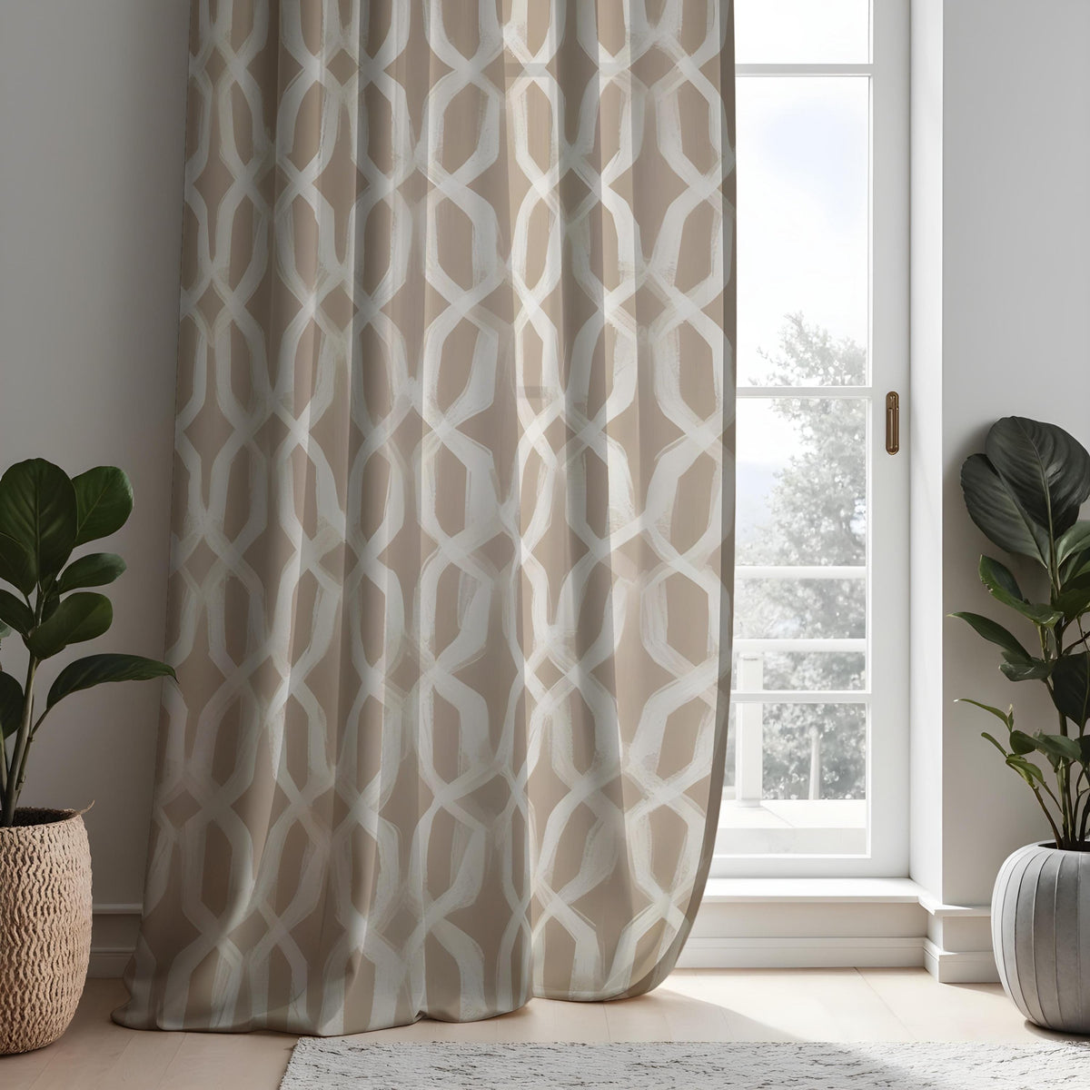 Beige Brushstroke Curtains, Neutral Geometric Drapes
