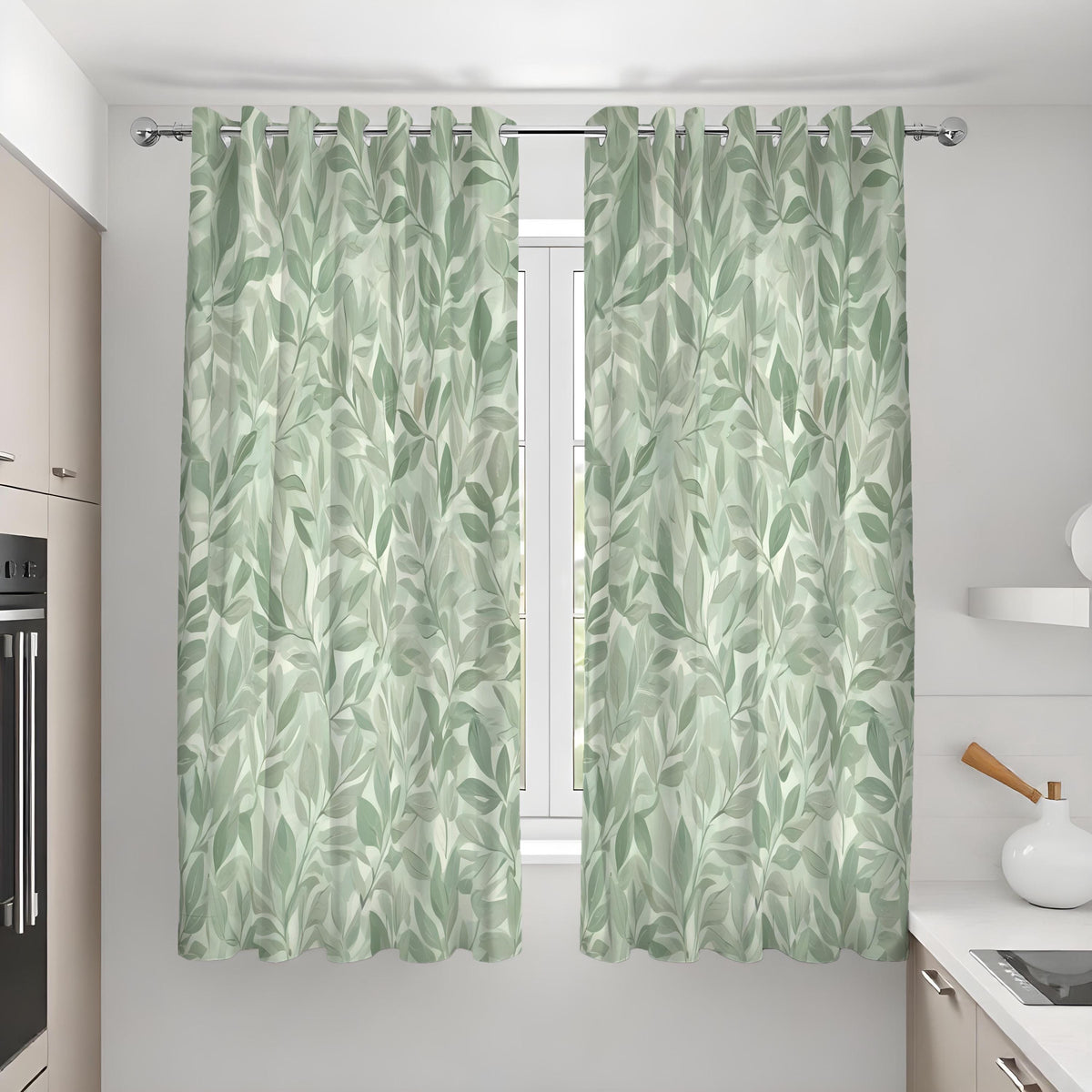 Green Botanical Leaf Curtains, Nature Inspired Custom Drapes