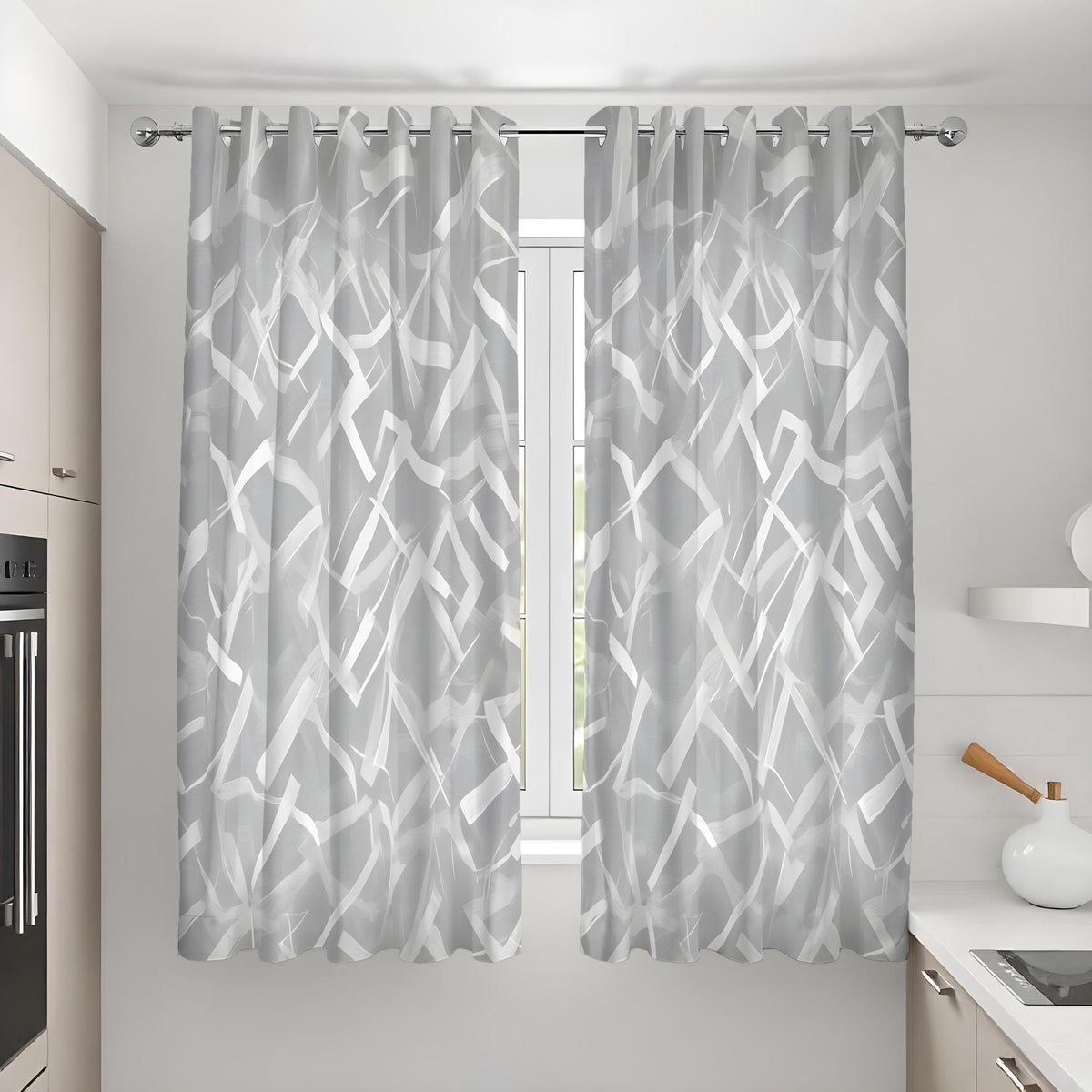 Grey Brush Pattern Curtains, Minimalist Geometric Drapes