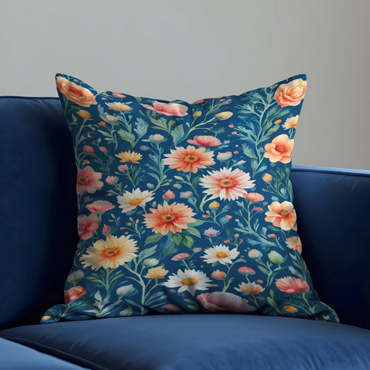 Wildflower Meadow Cushion Cover, Yellow & Coral Floral Pillow Case