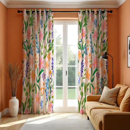 Pink & Blue Wildflower Curtains, Watercolor Botanical Drapes