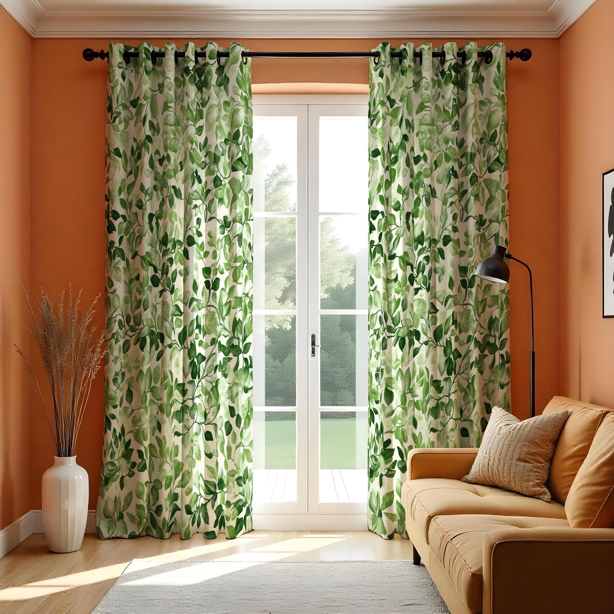 Green Leaf Botanical Curtains, Tropical Print Custom Drapes