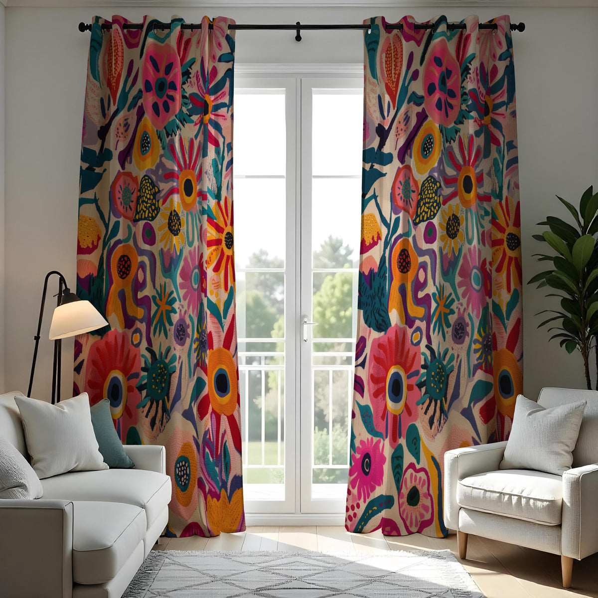 Vibrant Boho Floral Curtains, Folk Art Flower Drapes