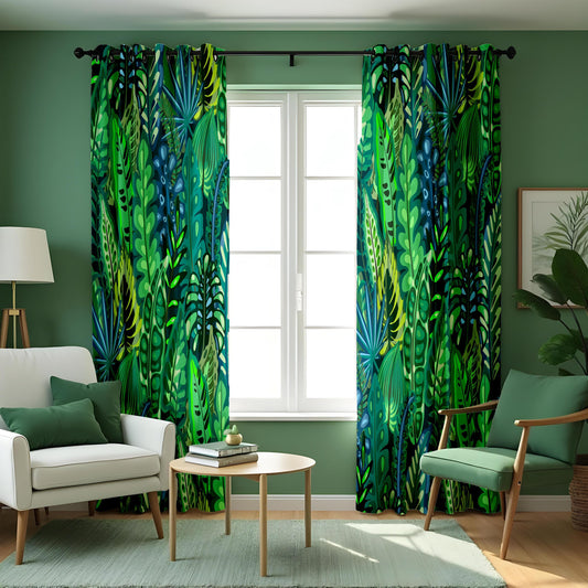 Green Jungle Leaf Curtains, Tropical Botanical Window Drapes
