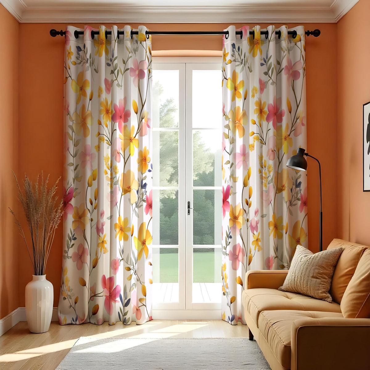 Yellow and Pink Floral Curtains, Watercolor Flower Drapes