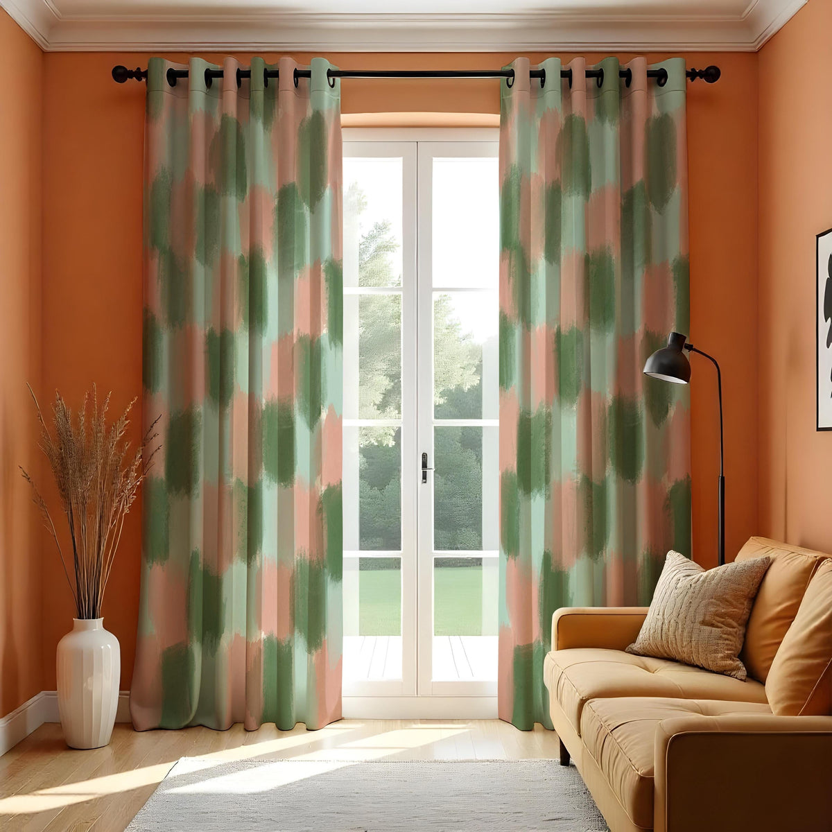 Green and Peach Brushstroke Curtains, Abstract Art Drapes